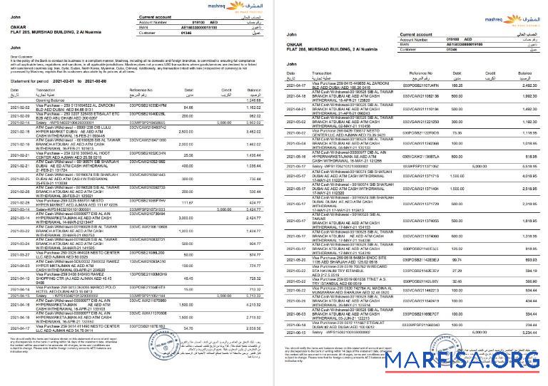 Blank UAE Mashreq bank statement word 3 pages template